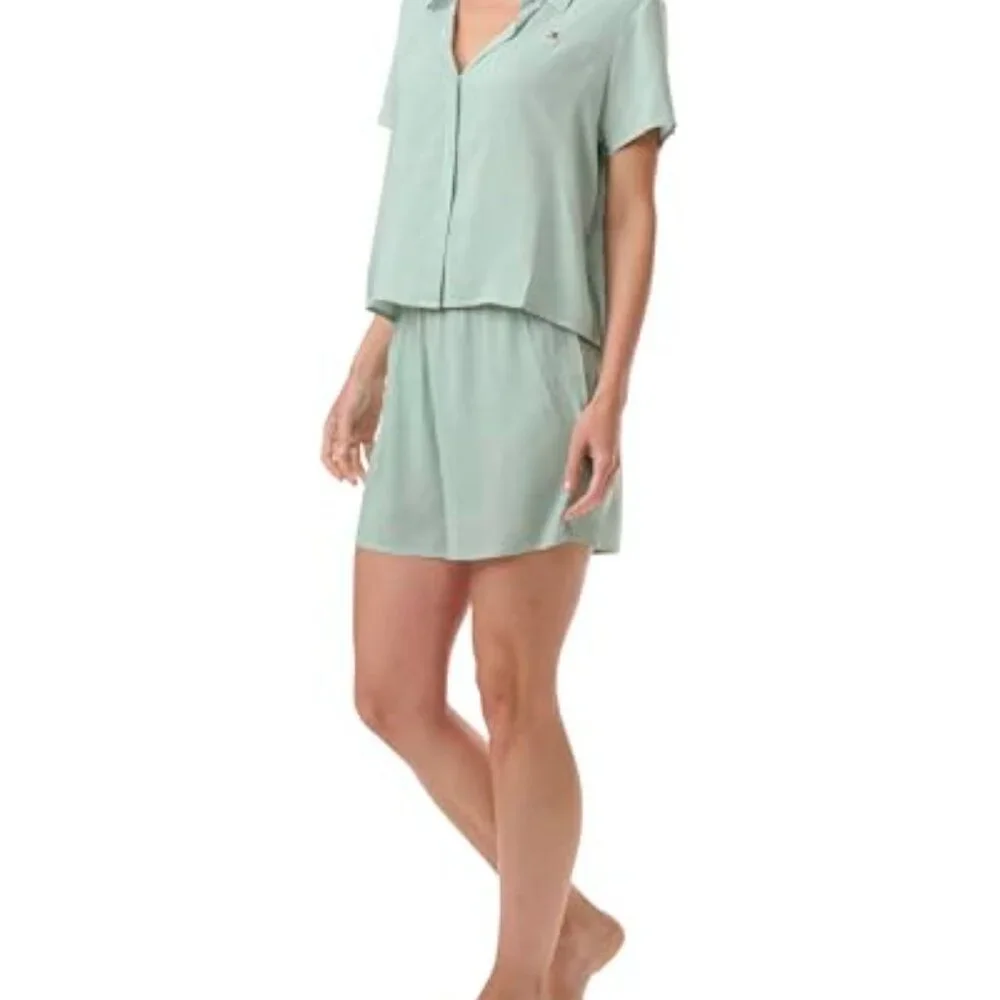 Boxy Crop Button Down Boxer Short Pajama Set Classic Chic Sleepwear - Picture 6 of 7